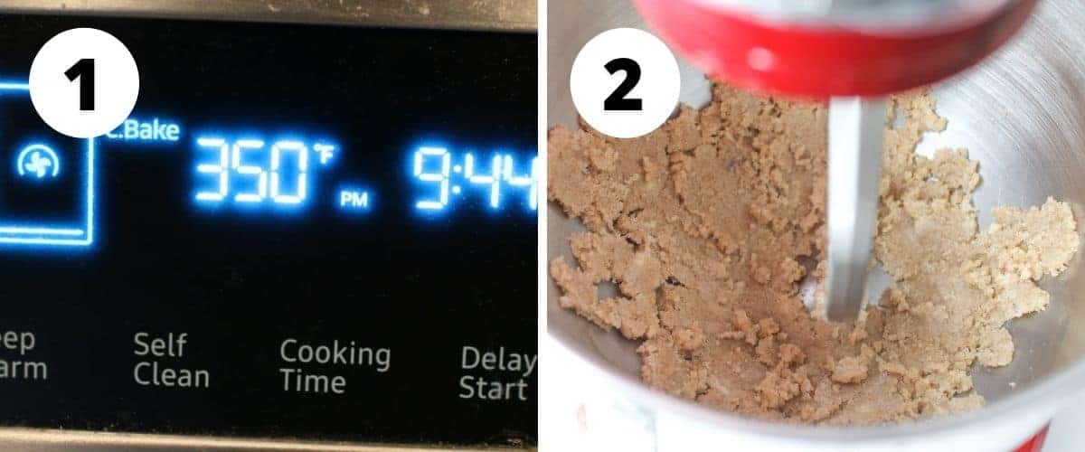 Side by side photos. A number is in the upper left corner with a black # in a white circle indicating what step. The left '1' shows an oven pre-heated to 350 degrees F. The right '2' shows butter and sugar beaten in a red stand mixer in a steel bowl.