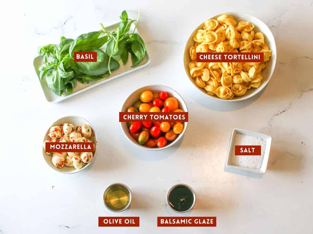 Overhead of tortellini caprese salad ingredients on a white marble background with a dark red box with white text in all caps to label each item