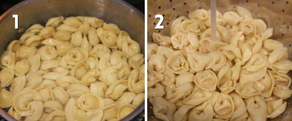 Step by Step photos with a number in the upper left corner in white indicating the number of step. The left '1' shows tortellini being boiled in a pot. the right '2' shows cheese tortellini in a colander being washed in the sink.