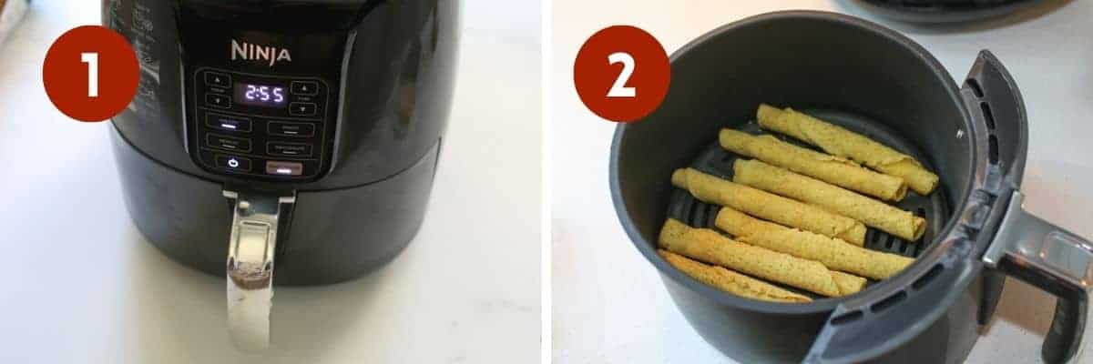 Side by side photos. Each photo has a number in the upper left corner. The white number is a dark red circle. The left '1' shows a Ninja air fryer pre-heating. The right '2' shows frozen taquitos in the air fryer basket.