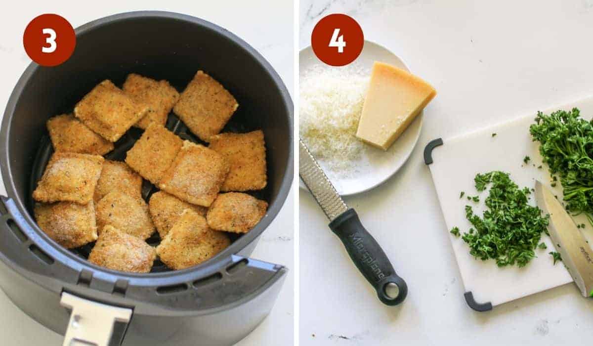 Side by side photos. Each photo has a number in the upper left corner. The white number is a dark circle. The left '3' shows frozen toasted ravioli in and air fryer basket. The right '4' shows fresh parmesan grated on a small white plate. It also shows a small cutting board with parsley chopped up finely.