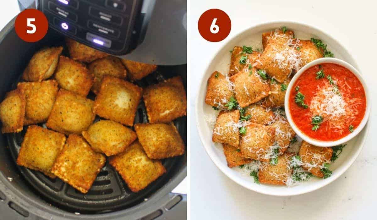 Side by side photos. Each photo has a number in the upper left corner. The white number is a dark circle. The left '5' shows toasted ravioli in an air fryer a nice golden brown. The right '6' shows toasted ravioli in a bowl with a small bowl of marinara on the side topped with parmesan and parsley.