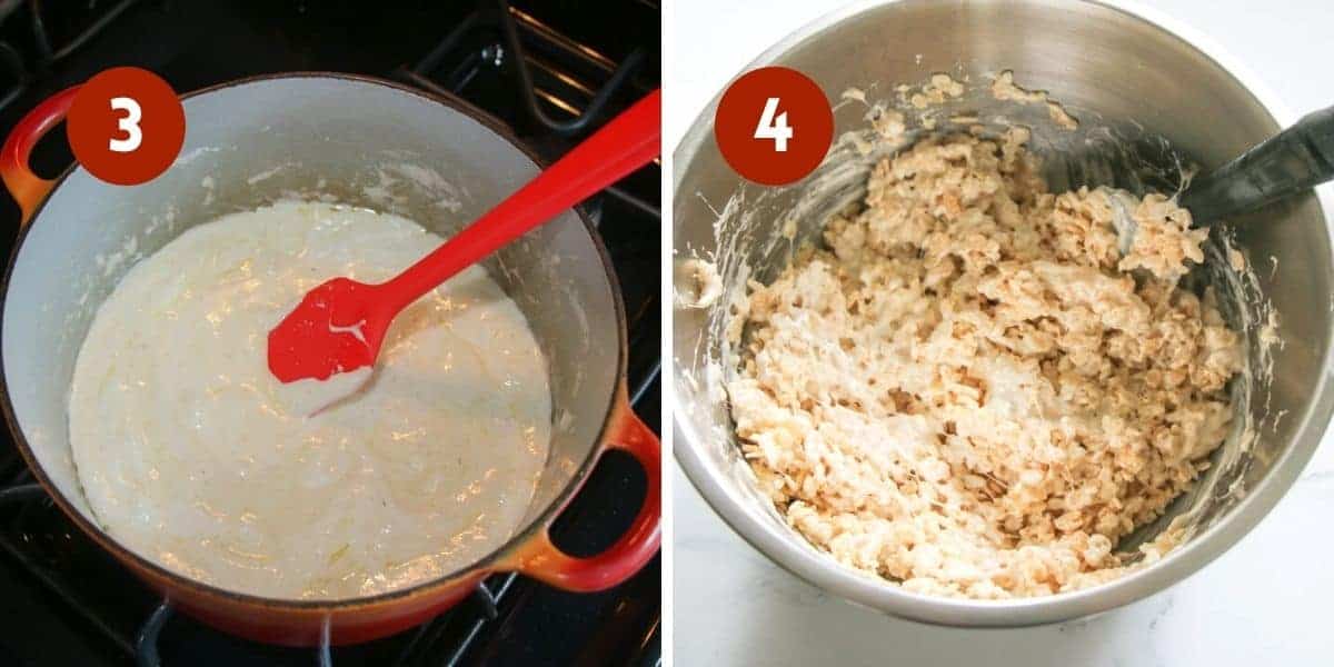Side by side photos. Each photo has a white # in a red circle in the upper left corner. The left '3' shows a marshmallow liquid mixture in a red dutch oven with a red silicone spatula. The right '4' shows rice krispies cereal tossed in the marshmallow mixture in a large steel bowl with a grey and black silicone spatula.