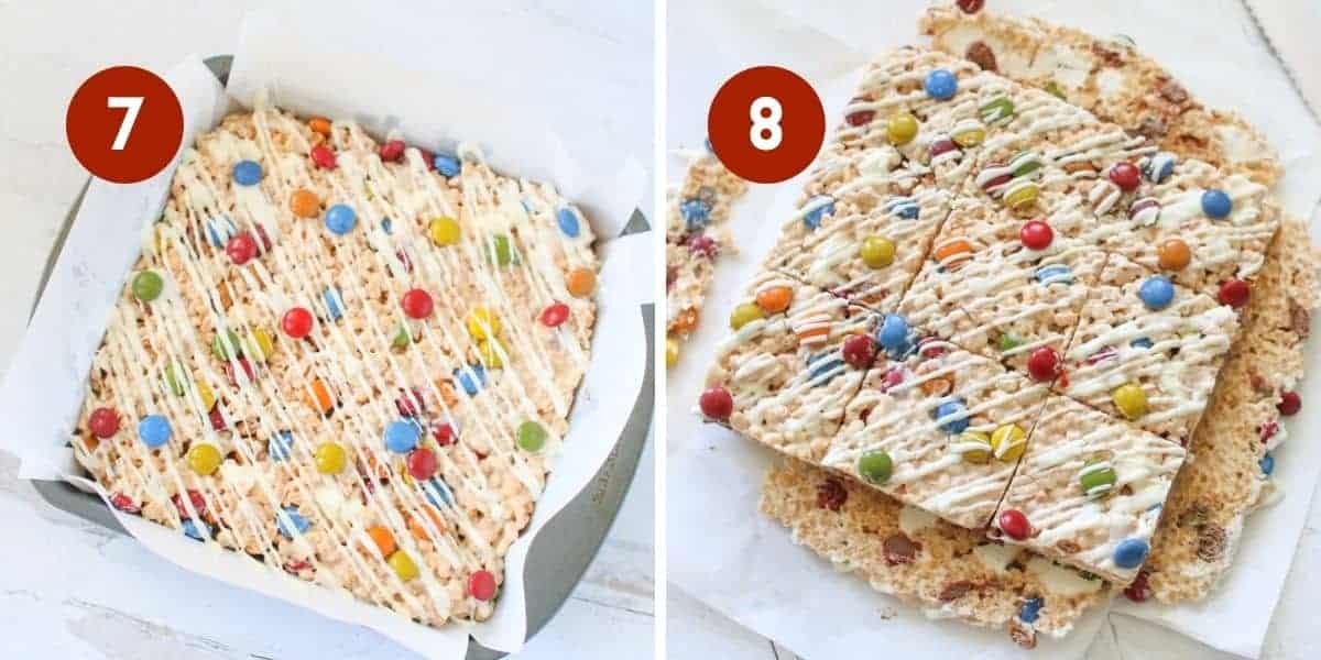 Side by side photos. Each photo has a white # in a red circle in the upper left corner. The left '7' shows the rice krispies and m&ms are flatted in a square baking pan linked with white parchment paper and drizzled with white chocolate on top along with more m&ms. The right '8' shows the rice krispies sliced and edges trimmed on a white marble background with a serrated knife off to the side