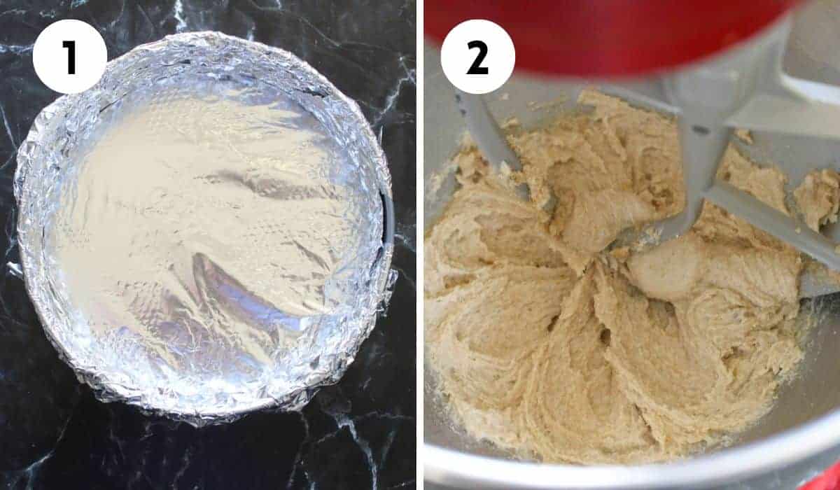 Side by side photos. A black number in a white circle is in the upper left corner of the photo to indicate the step. The left '1' shows a spring form pan wrapped in aluminum foil on black marble background. The right '2' shows base of cookie dough of butter, shortening and butter being creamed together in a red stand mixer with a paddle attachment.