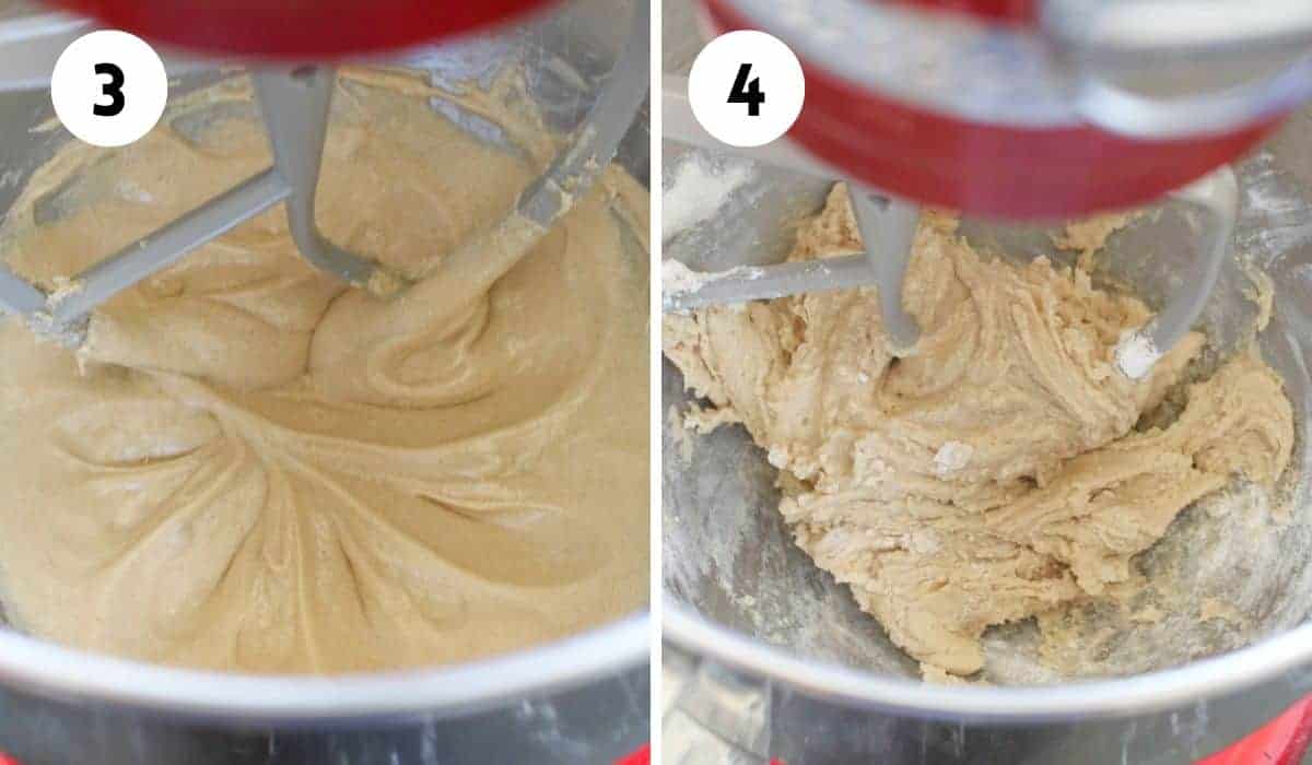 Side by side photos. A black number in a white circle is in the upper left corner of the photo to indicate the step. The left '3' shows a cookie dough with butter, cream, sugar and liquid mixed together in a red stand mixer with a paddle attachment. The right '4' shows cookie cake dough with dry ingredients mixed in a red stand mixer with paddle attachment.