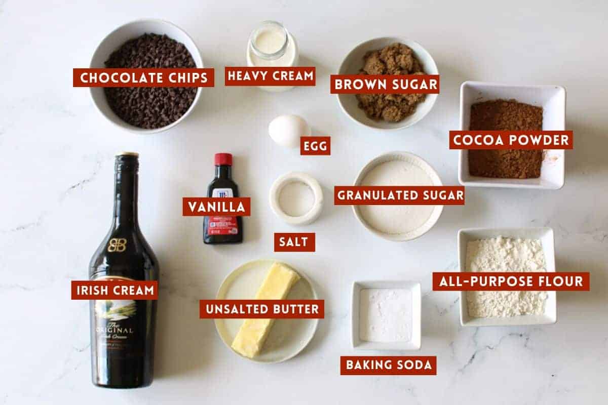 Overhead of ingredients on a white marble background. In the top left are a bowl of mini chocolate chips, next tot it on the right is a milk bottle of heavy cream, underneath is a single egg, next to it is a small white bowl of brown sugar and next to it is a small white square bowl with cocoa powder. In the middle row starting from the left is a small bottle of vanilla extract, a very small bowl of kosher salt, next to it is a small white bowl of granulated sugar. Finally, on the bottom left row is a full bottle of  Bailey's Irish cream, next to it is a small white plate with a stick of butter, next to it is a small white square bowl with baking soda and finally next to a small square white bowl with all purpose flour. Each item is labeled with the ingredient in a dark red box with white all caps text.
