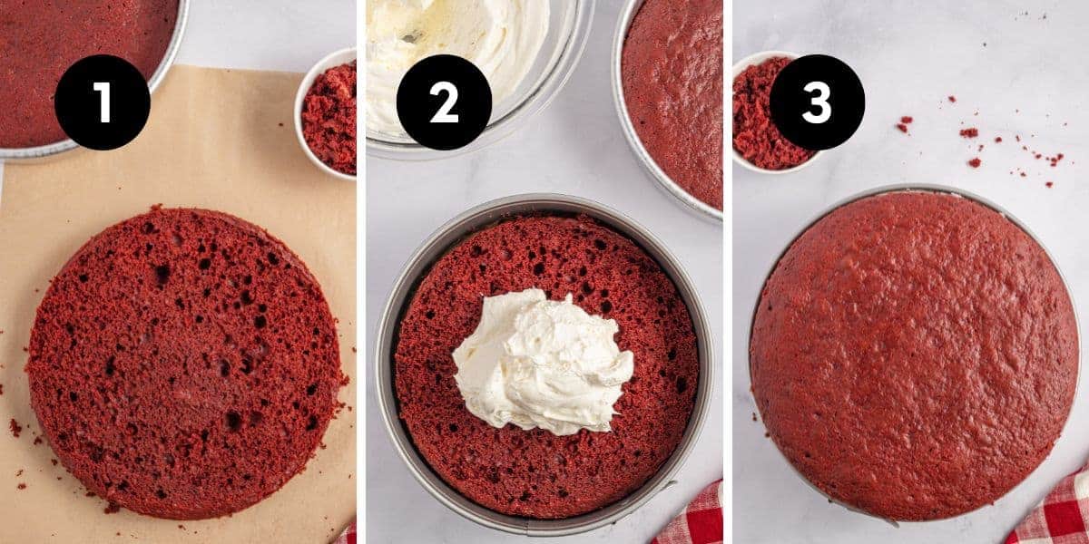 A 1x3 grid of photos. The left photo shows a red velvet cake with the curve removed on a piece of brown parchment paper with a black circle in the upper left corner with a white '1'. The middle photo shows a piece of cake in a spring form pan with some no bake cheesecake filling in the center with a black circle in the upper left corner with a white '2'. The right image shows a spring form pan with a top piece of red velvet cake with a black circle in the upper left corner with a white '3'.