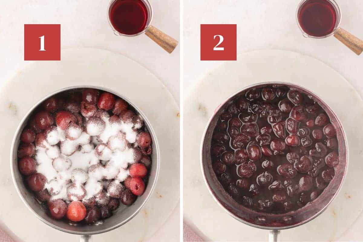 Side by side photos. On the left, a medium saucepan with cherries and sugar on a white marble circle trivet. A measuring cup of kirsch sits off to the side. A dark red square is in the upper left corner with a white '1'. The right photo shows a medium saucepan with cherry compote on a white marble circle trivet. A measuring cup of kirsch sits off to the side. A dark red square is in the upper left corner with a white '2'. 