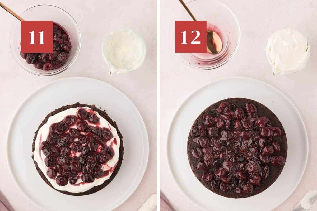 Side by side photos. The left photo shows 1 layer of black forest cake on a large white platter with whipped cream and cherry compote. A dark red square is in the upper left corner with a white '11'. The right photo show a black forest cake on a large white platter with cherry compote. A dark red square is in the upper left corner with a white '12'.