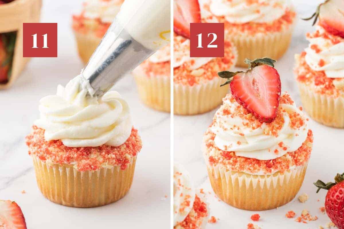 Side by side photos. The left photo has a vanilla cupcake with strawberry crunch topping with cream cheese frosting being piped on top on a white marble background. A white '11' in a dark red square is in the upper left corner. The right photo a strawberry crunch cupcake on a white marble background. A white '12' in a dark red square is in the upper left corner.