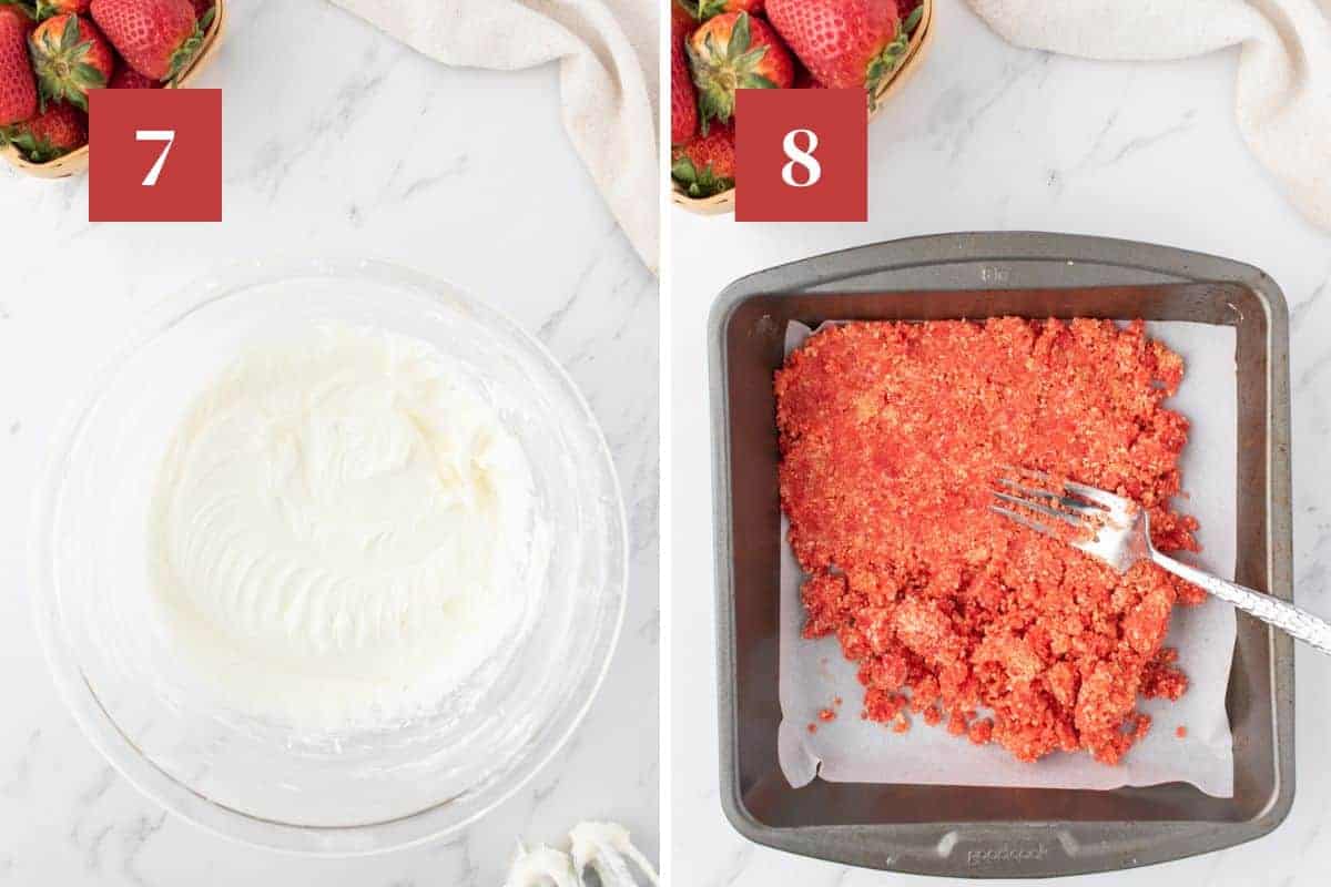 Side by side photos. The left photo has a glass bowl of cream cheese frosting on a white marble background. A white '7' in a dark red square is in the upper left corner. The right photo has a square metal baking pan lined with a square of white parchment paper with strawberry crunch topping being flatted with a silver fork. A white '8' in a dark red square is in the upper left corner.