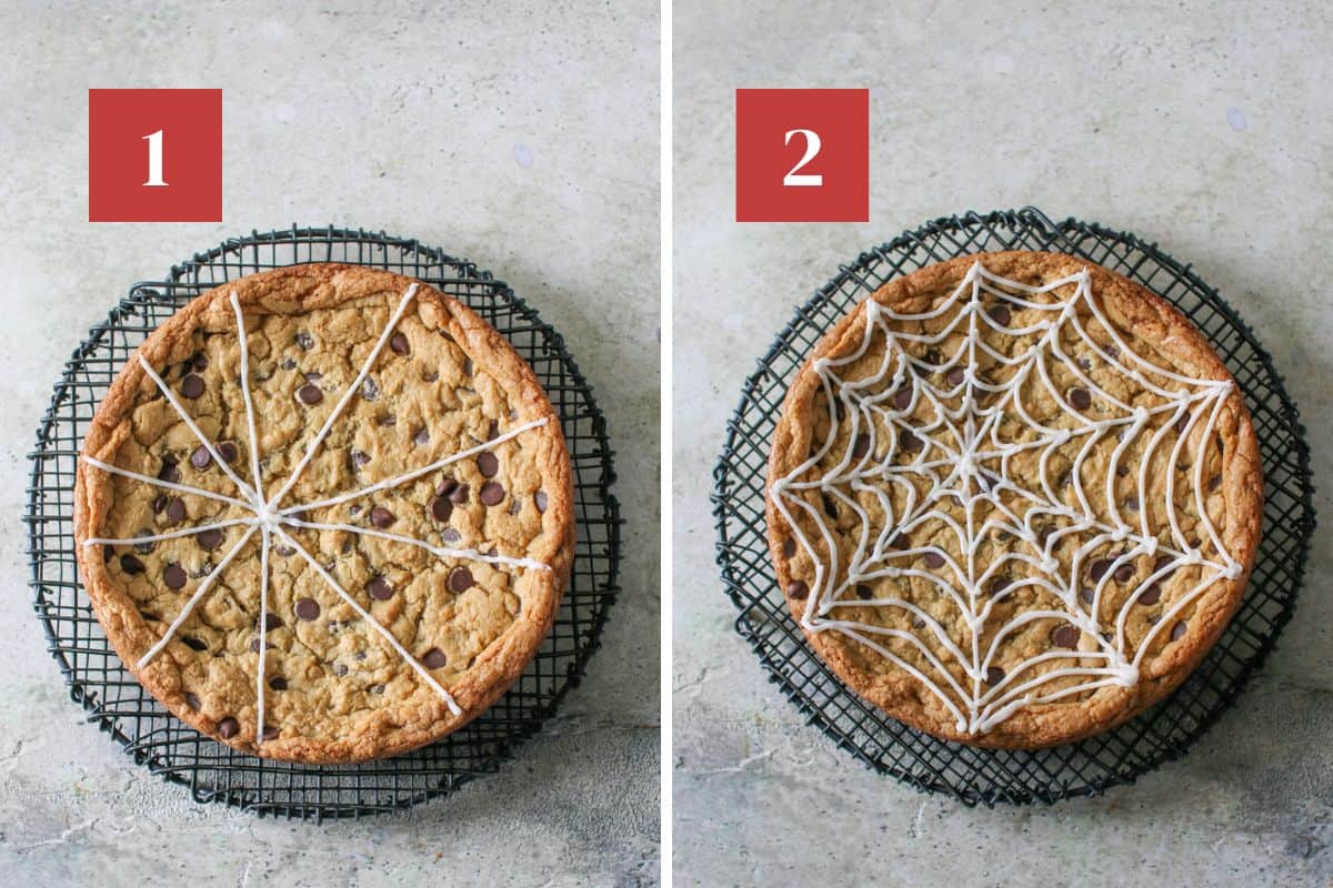 Side by side photos. On the left, is a cookie cake with white thin lines that match to a point off center.  The cookie cake sits on a black wire trivet. In the upper left corner is a dark red square with a white '1' in the center.
 On the right is a photo of the cookie cake with white spider webs piped on. The cookie cake sits on a black wire trivet. In the upper left corner is a dark red square with a white '2' in the center.