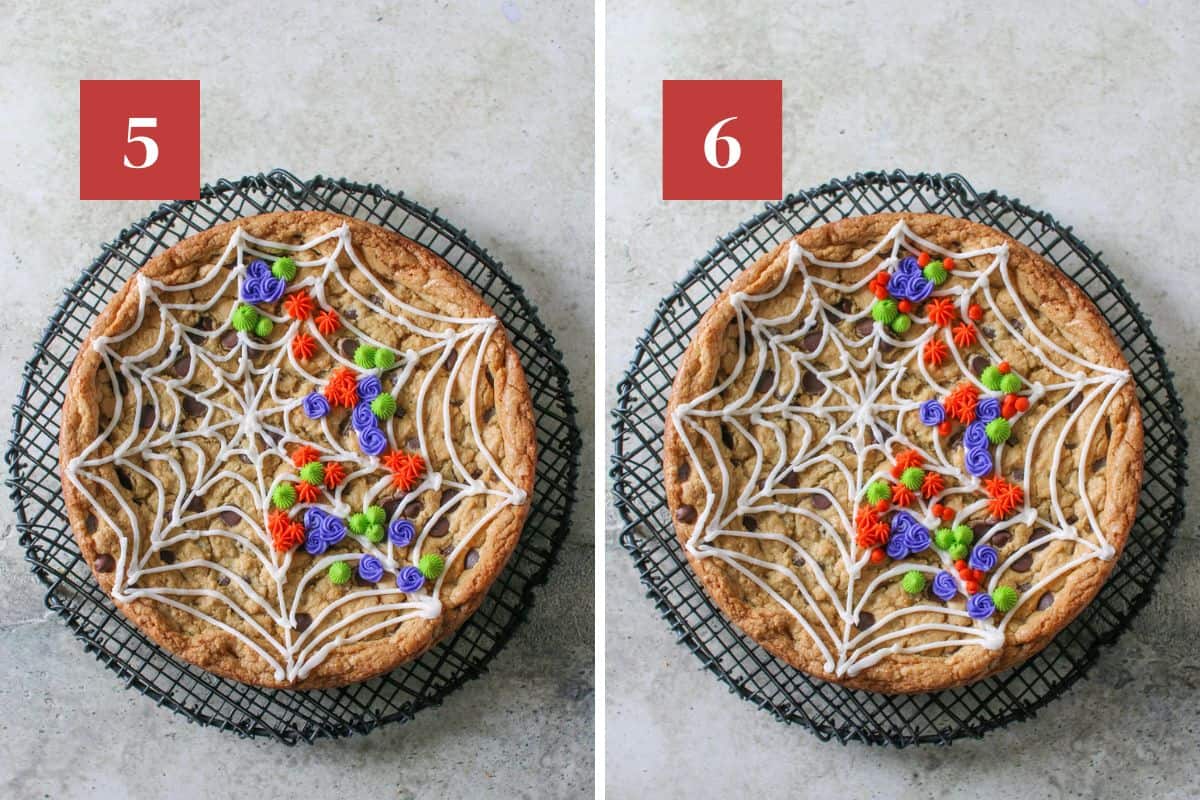 Side by side photos. On the left, is a cookie cake with frosted white webs and frosted orange flowers, purple rosettes and lime green flowers. The cookie cake is on a black wire trivet on a stone background.  In the upper left corner is a dark red square with a white '5' in the center. On the right, is a cookie cake with frosted white webs and frosted orange flowers, purple rosettes, lime green flowers and red dots. The cookie cake is on a black wire trivet on a stone background.  In the upper left corner is a dark red square with a white '6' in the center.
