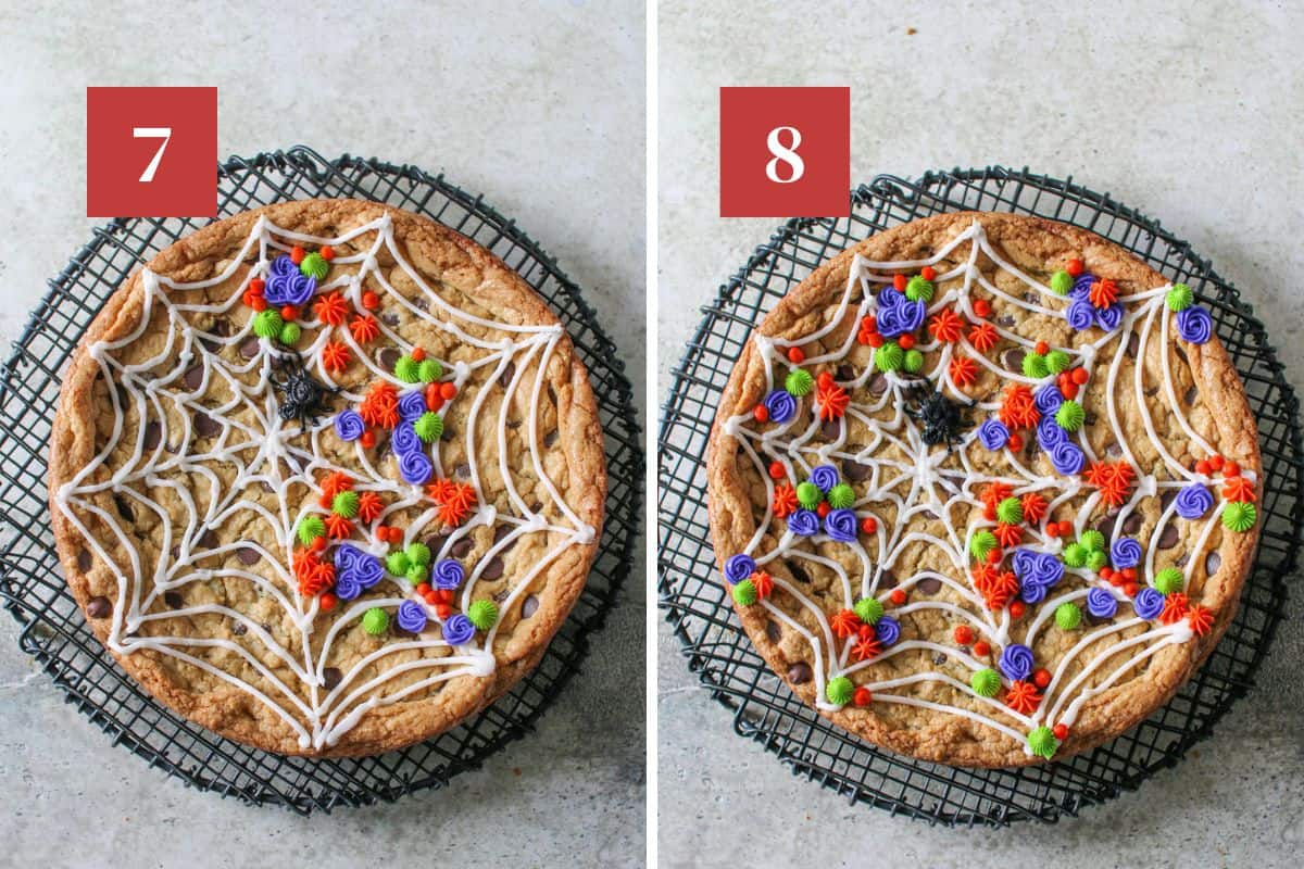 Side by side photos. On the left, is an overhead of a Spider Web Cookie Cake decorate with a white web, small colorful scattered flowers in the middle area and a small black spider on the cookie cake on a black wire trivet on a stone background. In the upper left corner is a dark red square with a white '8' in the center. In the upper left corner is a dark red square with a white '7' in the center.

On the right, is an overhead of a Spider Web Cookie Cake decorate with a white web, small colorful scattered flowers all over the cookie cake on a black wire trivet on a stone background. In the upper left corner is a dark red square with a white '8' in the center.